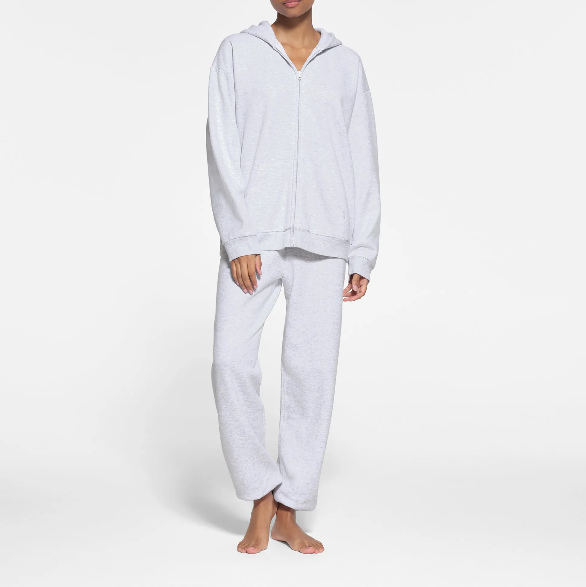 COTTON FLEECE OVERSIZED ZIP UP HOODIE | LIGHT HEATHER GREY