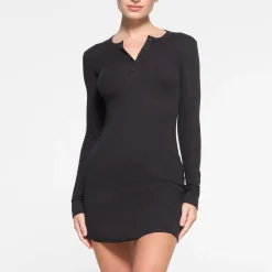 COTTON RIB HENLEY MINI DRESS | SOOT