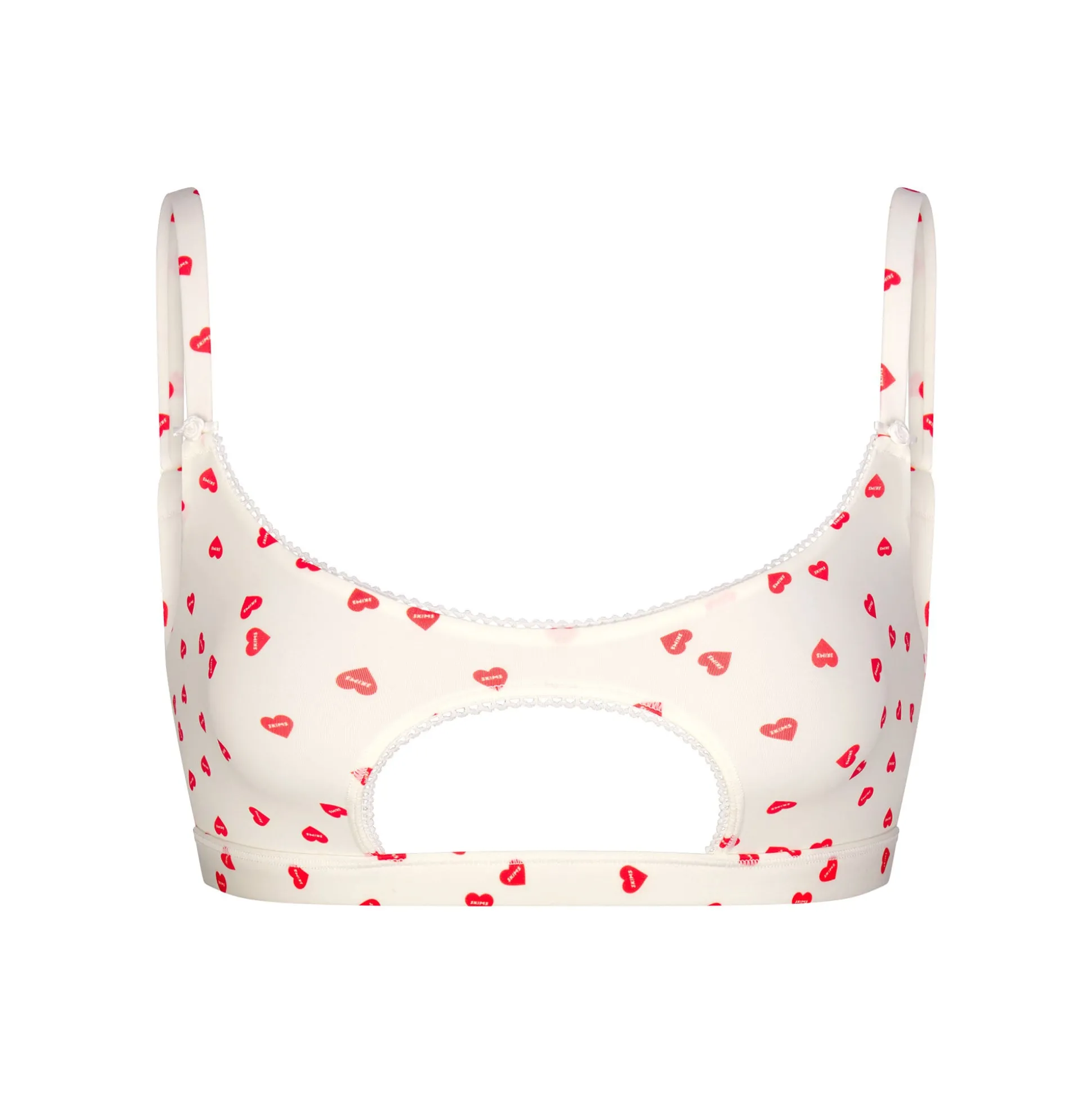 FITS EVERYBODY PICOT TRIM CUT OUT SCOOP BRALETTE | RUBY HEART PRINT