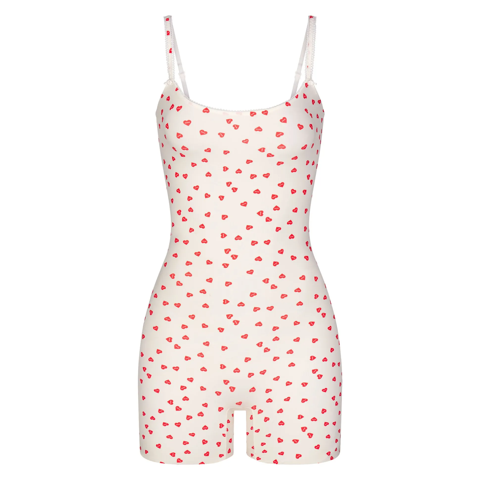 FITS EVERYBODY PICOT TRIM ONESIE | RUBY HEART PRINT