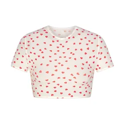FITS EVERYBODY PICOT TRIM SUPER CROPPED T-SHIRT | RUBY HEART PRINT