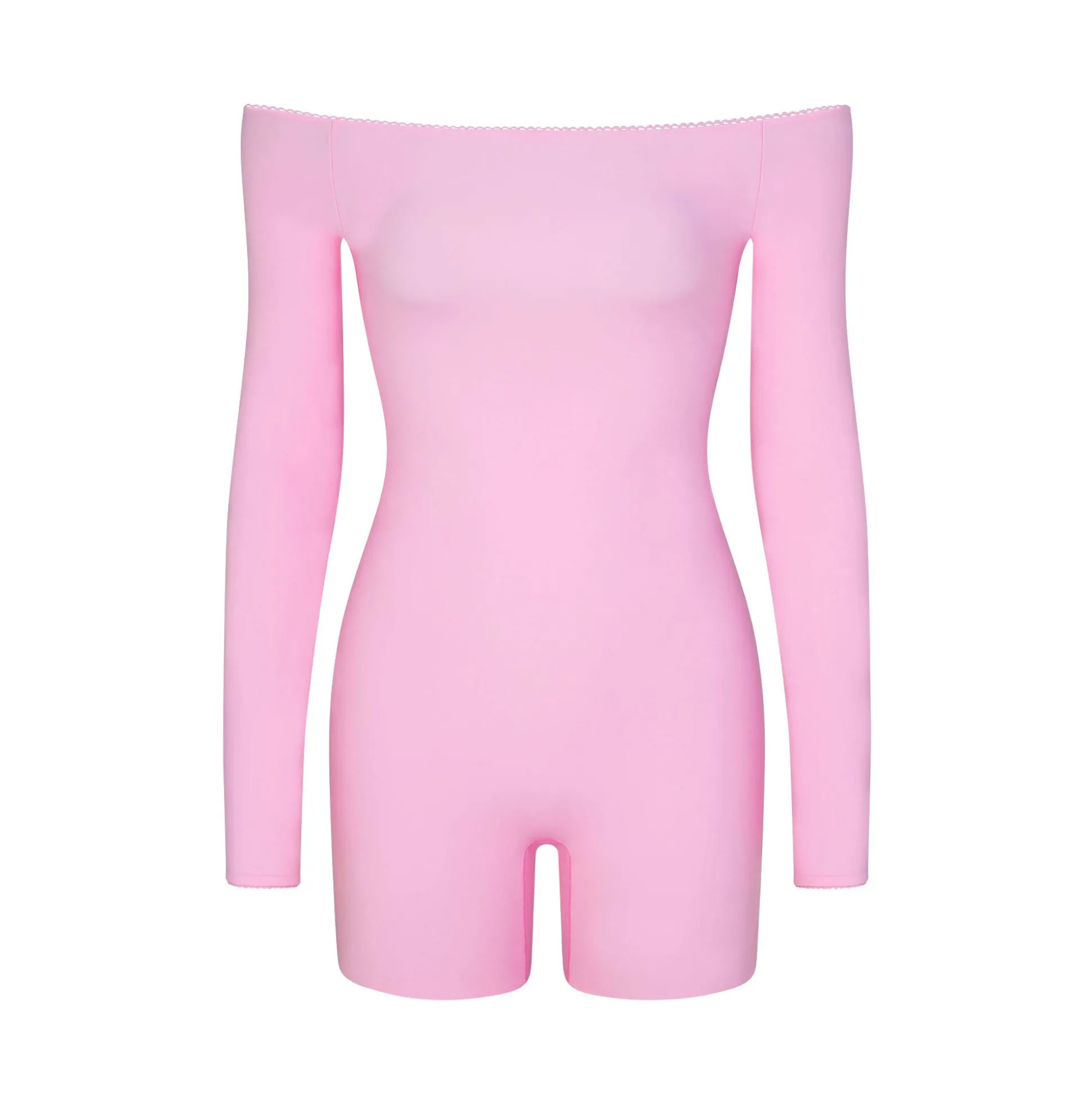 FITS EVERYBODY PICOT TRIM OFF THE SHOULDER ONESIE | BUBBLE GUM