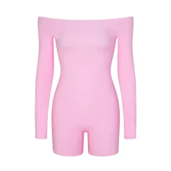 FITS EVERYBODY PICOT TRIM OFF THE SHOULDER ONESIE | BUBBLE GUM