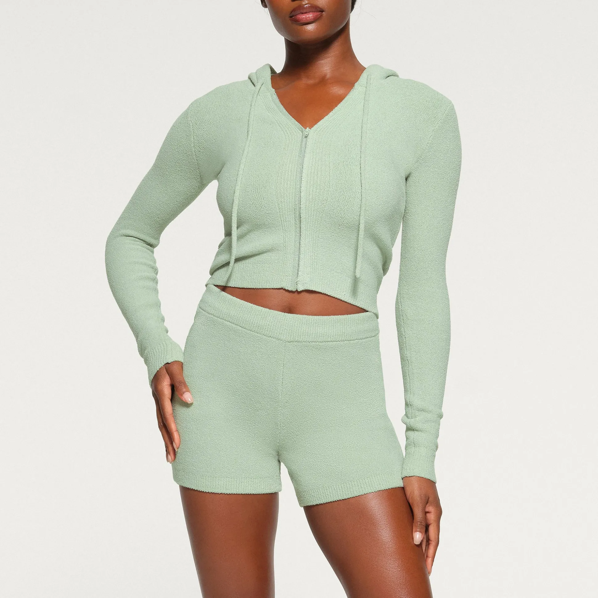 LIGHT COZY CROPPED ZIP UP HOODIE | MINT
