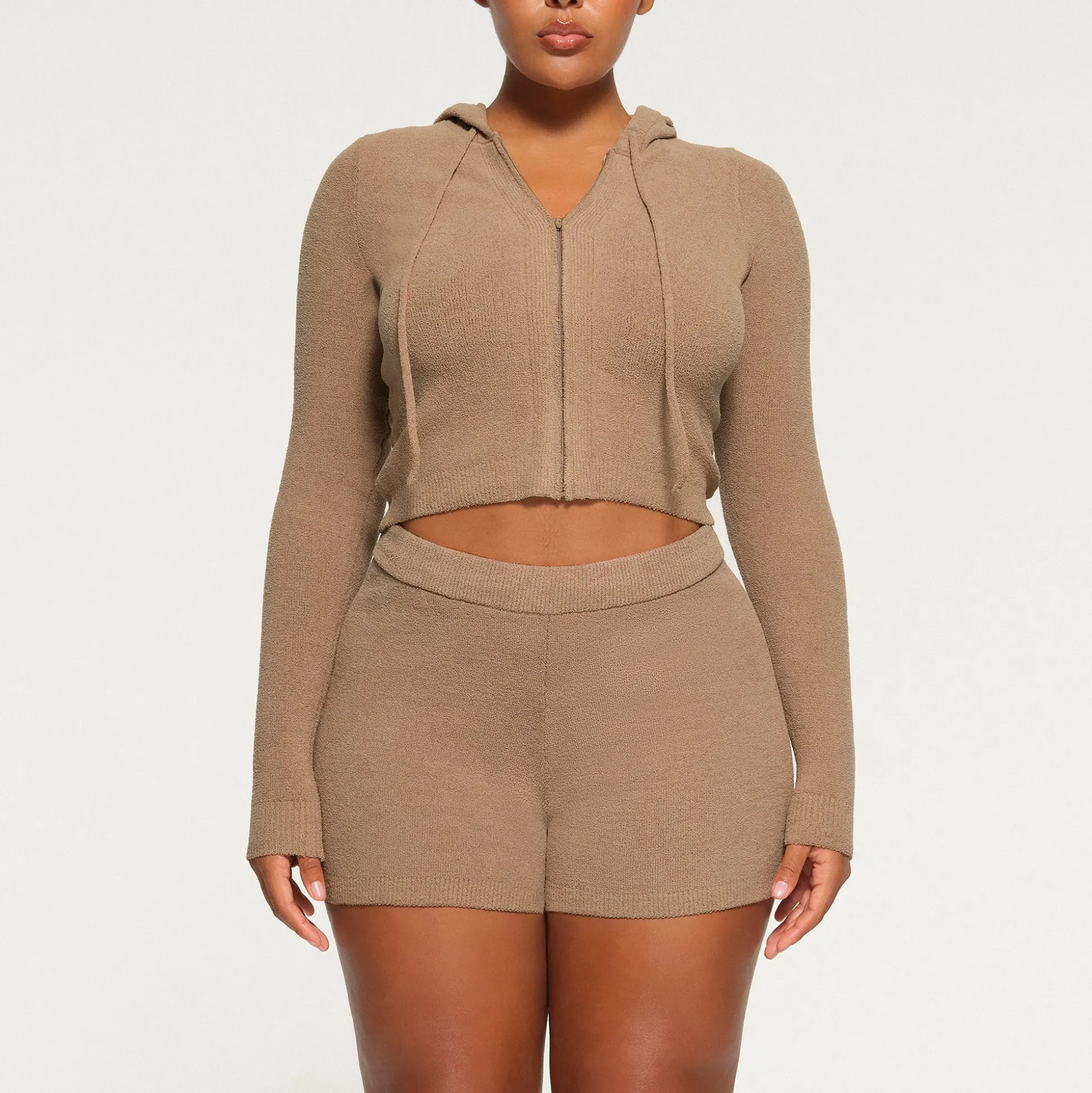 LIGHT COZY CROPPED ZIP UP HOODIE | DESERT