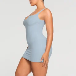 RAW EDGE SLIT FRONT MINI DRESS | DENIM