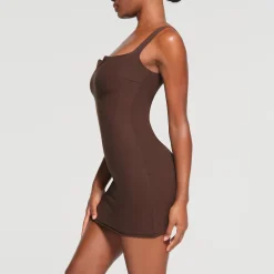 RAW EDGE SLIT FRONT MINI DRESS | ESPRESSO