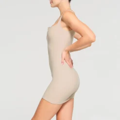 RAW EDGE SLIT FRONT MINI DRESS | STONE