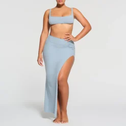 RAW EDGE SLIT LONG SKIRT | DENIM