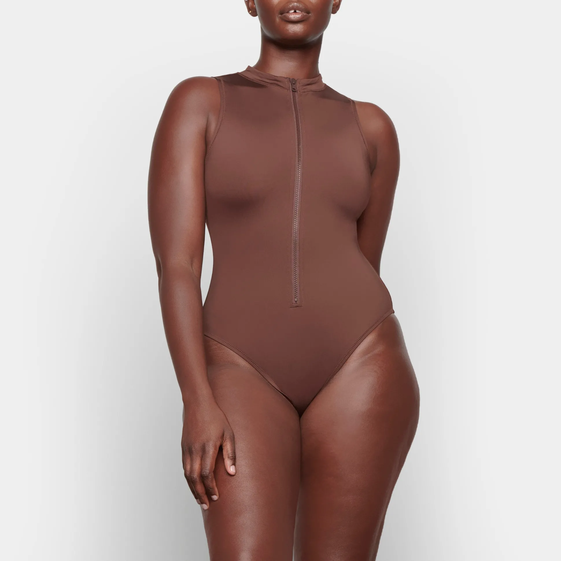 SIGNATURE SWIM ZIP FRONT SLEEVELESS ONE PIECE | COCOA