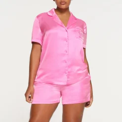 SKIMS HOTEL SHINE SHORT SLEEVE BUTTON UP SLEEP SET | NEON ORCHID