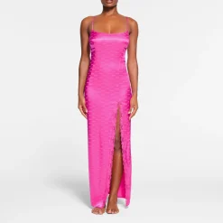SKIMS JACQUARD LACE LONG DRESS | HOT PINK