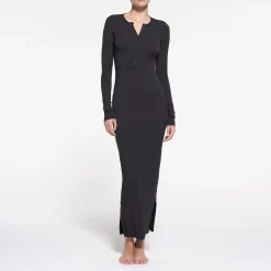 SKIMS SLEEP HENLEY LONG DRESS | ONYX