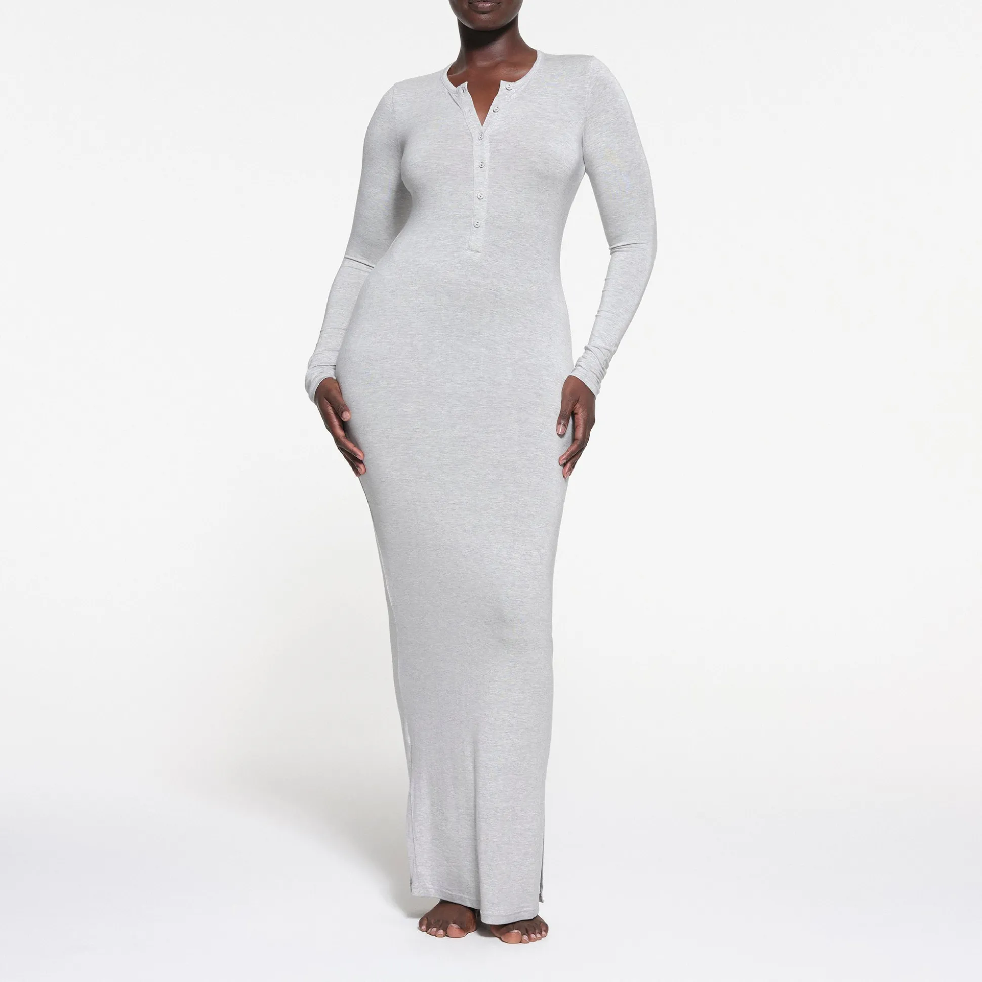 SKIMS SLEEP HENLEY LONG DRESS | LIGHT HEATHER GREY