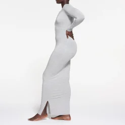 SKIMS SLEEP HENLEY LONG DRESS | LIGHT HEATHER GREY