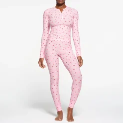 SOFT LOUNGE LONG SLEEVE HENLEY | CHERRY BLOSSOM PRINT