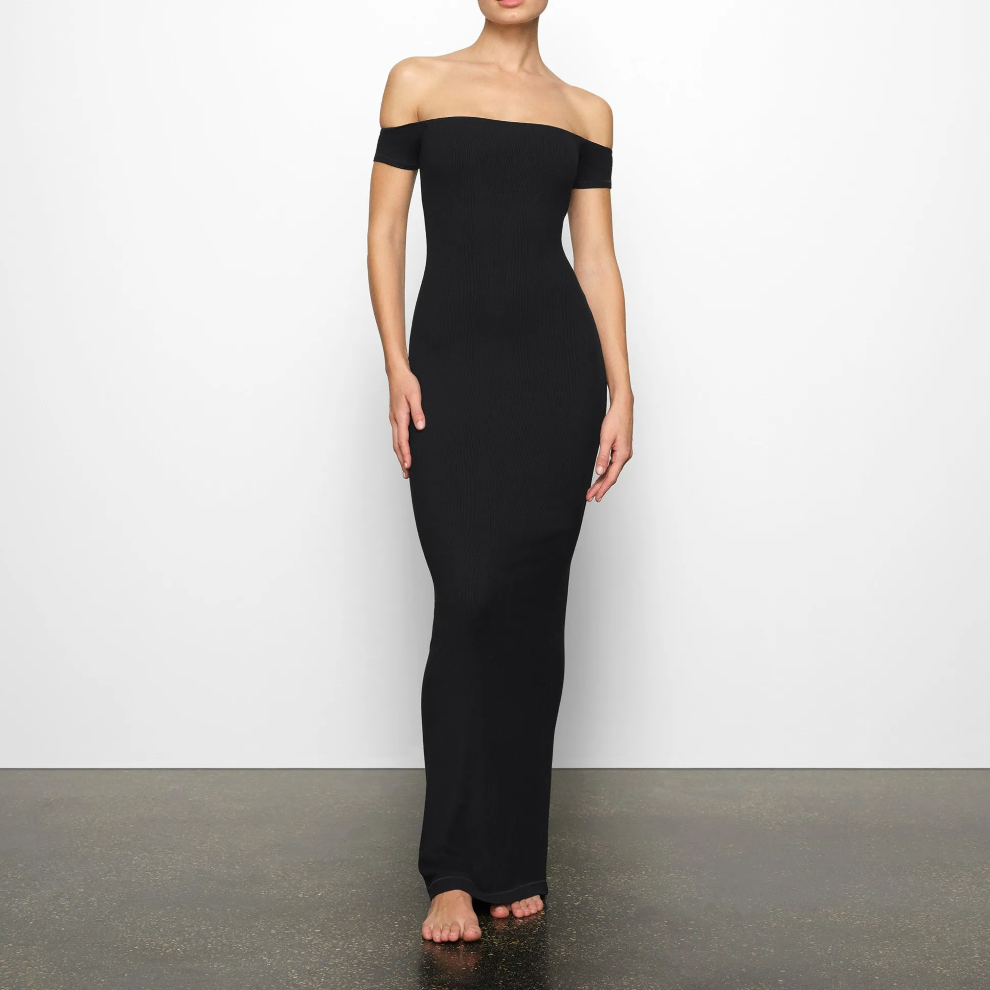 SOFT LOUNGE OFF THE SHOULDER DRESS | ONYX