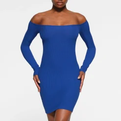 SOFT LOUNGE OFF THE SHOULDER MINI DRESS | COBALT