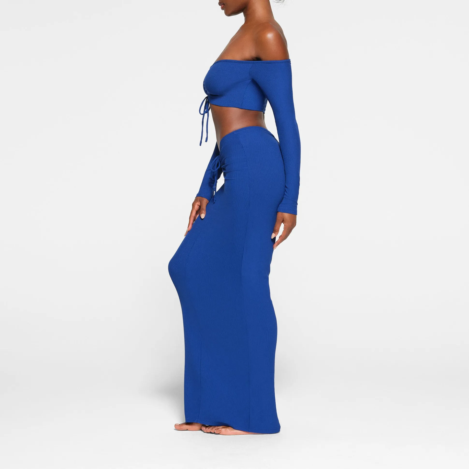 SOFT LOUNGE RUCHED LONG SLEEVE CROP TOP | COBALT