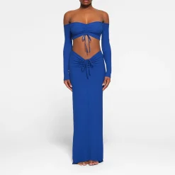 SOFT LOUNGE RUCHED LONG SLEEVE CROP TOP | COBALT