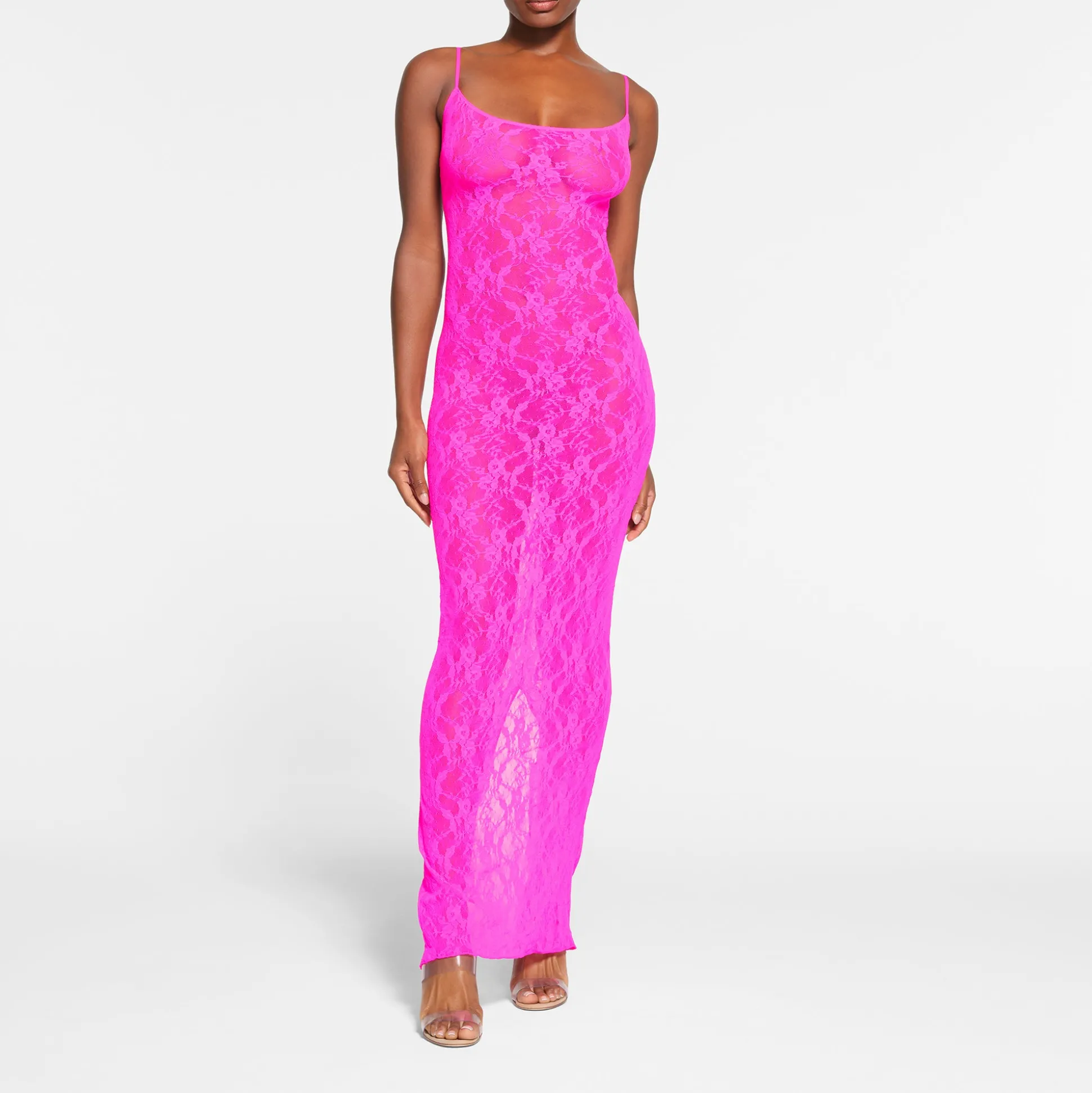 STRETCH LACE CAMI LONG DRESS | NEON PINK