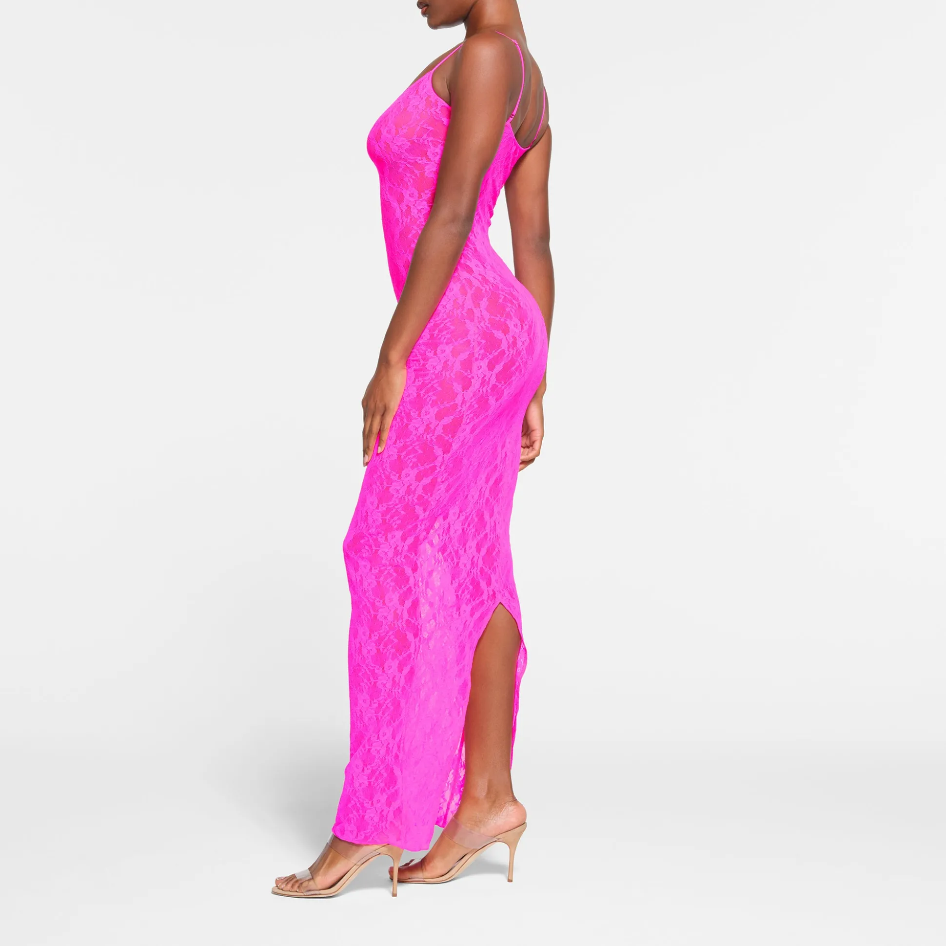 STRETCH LACE CAMI LONG DRESS | NEON PINK