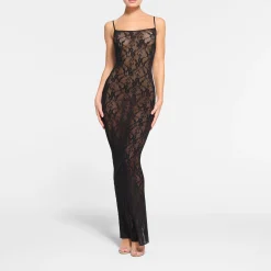 STRETCH LACE CAMI LONG DRESS | ONYX