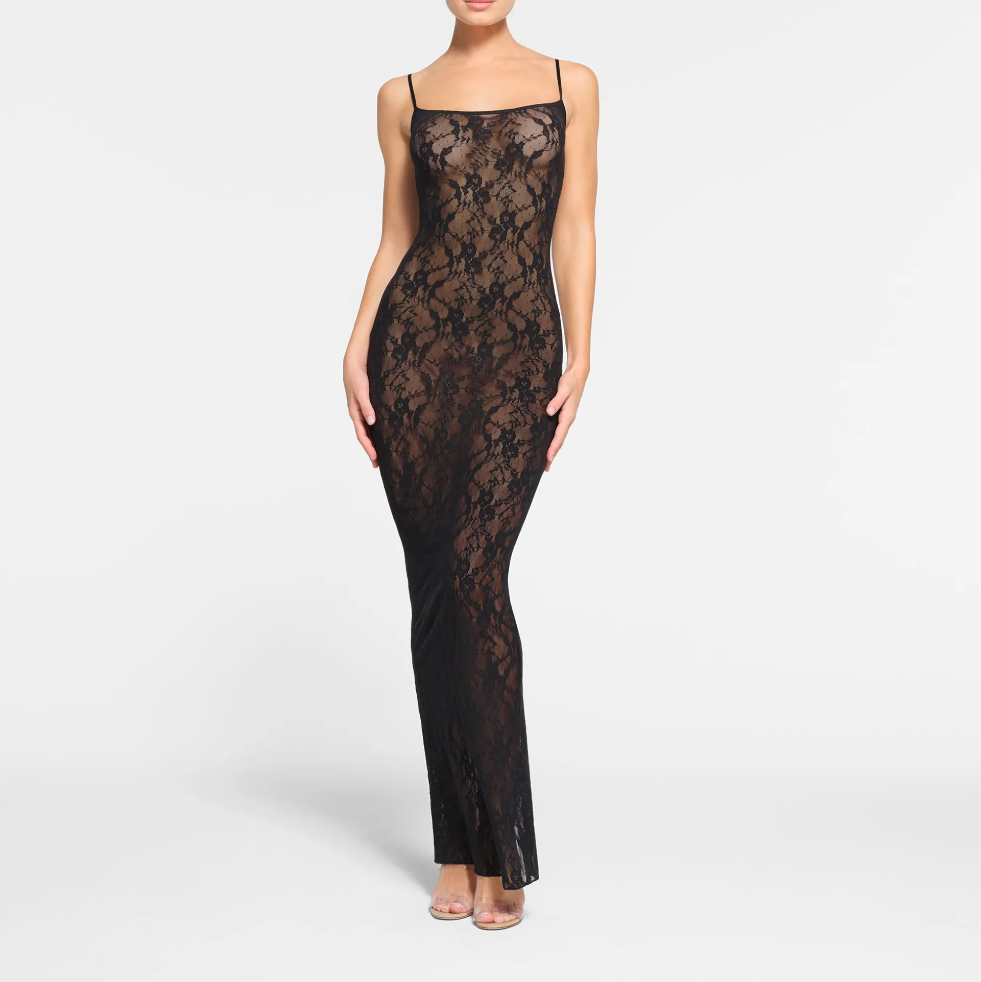 STRETCH LACE CAMI LONG DRESS | ONYX