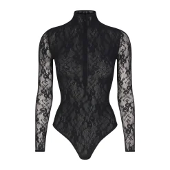 STRETCH LACE LINED LONG SLEEVE THONG BODYSUIT | ONYX