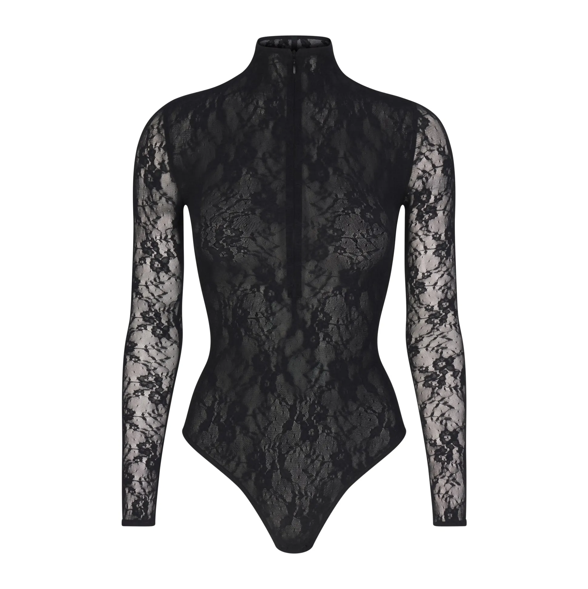 STRETCH LACE LINED LONG SLEEVE THONG BODYSUIT | ONYX