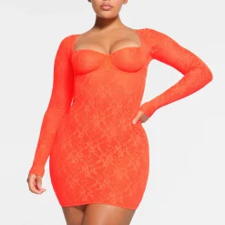 STRETCH LACE LINED LONG SLEEVE UNDERWIRE DRESS | SUNSET