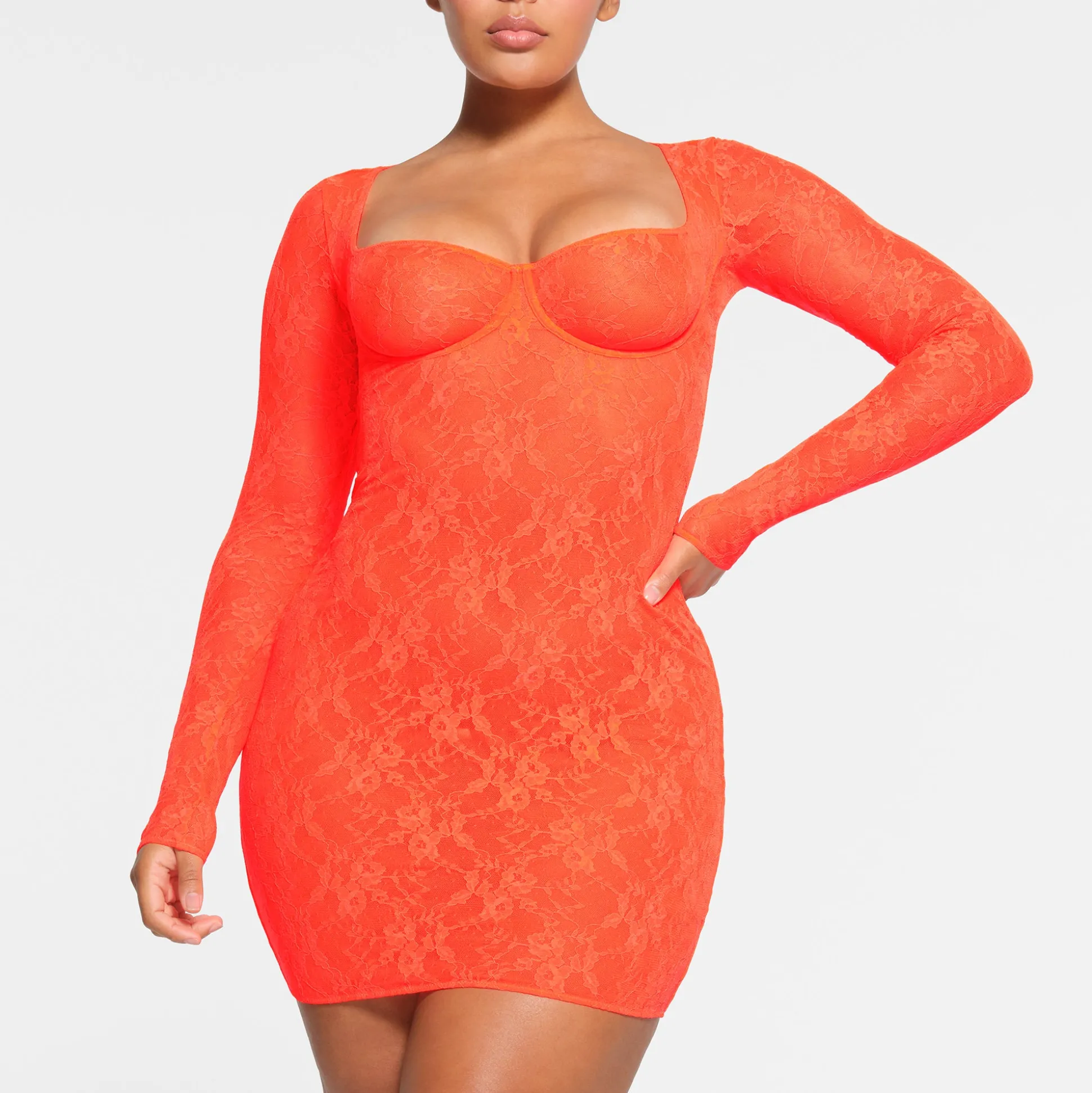 STRETCH LACE LINED LONG SLEEVE UNDERWIRE DRESS | SUNSET