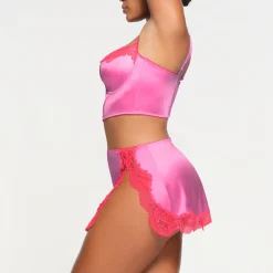 STRETCH SATIN LACE LOW RISE SLIP SKIRT | NEON ORCHID
