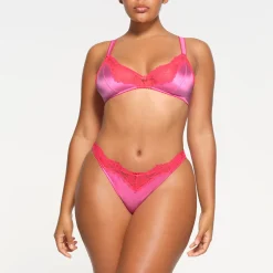 STRETCH SATIN LACE TRIANGLE BRALETTE | NEON ORCHID