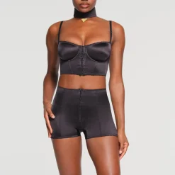STRETCH SATIN PENDANT CROPPED CORSET | ONYX