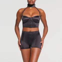STRETCH SATIN PENDANT CROPPED CORSET | ONYX