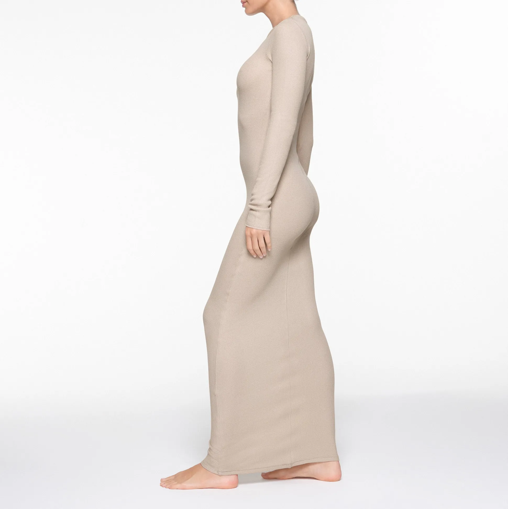 WAFFLE CREW NECK LONG DRESS | STONE